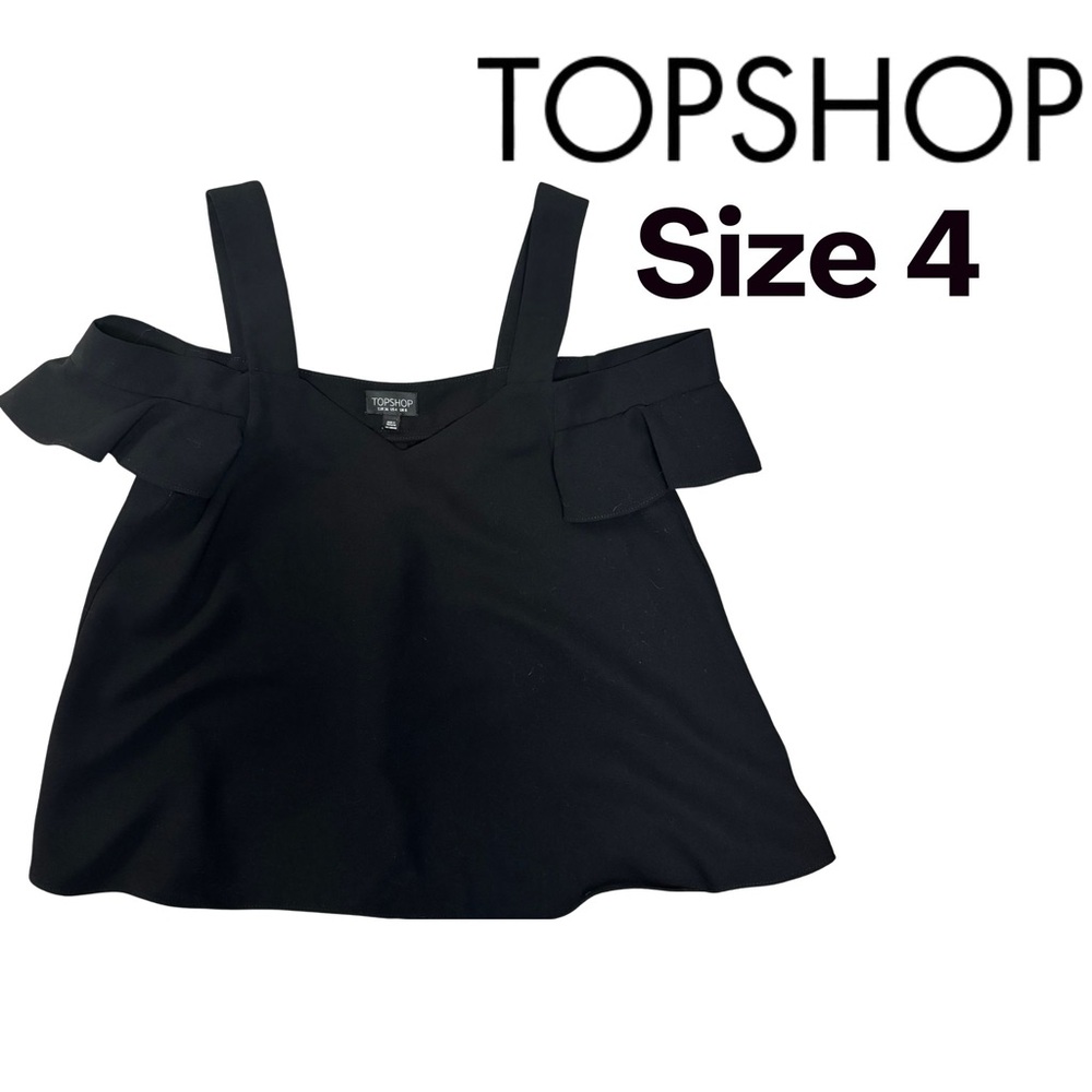 Topshop Black Cold Shoulder Top Flutter Sleeve V Neck Women's US 4 EUC